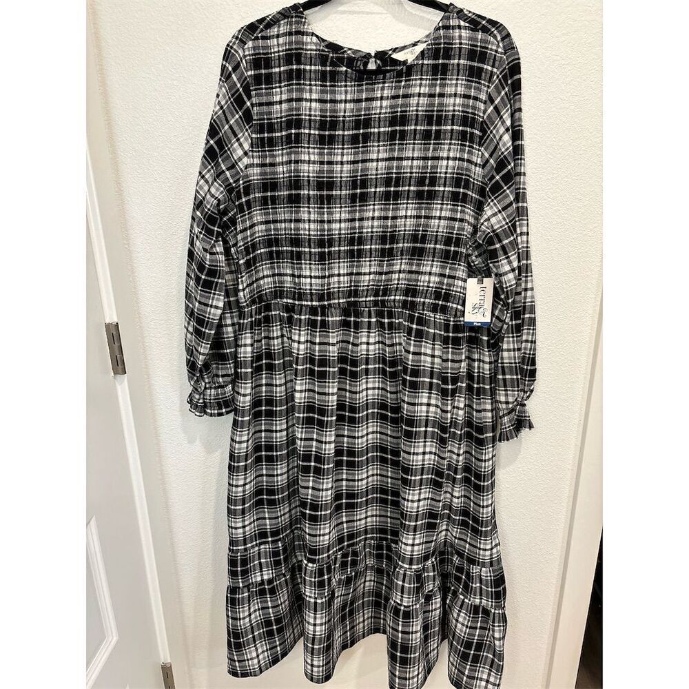 Terra & Sky Women's 2X Plaid Long Sleeve Knee Length Dress Black